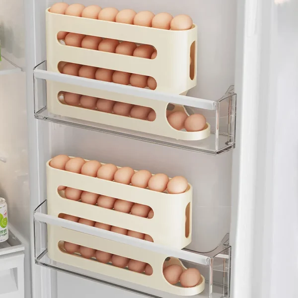 White egg holder in refrigerator.