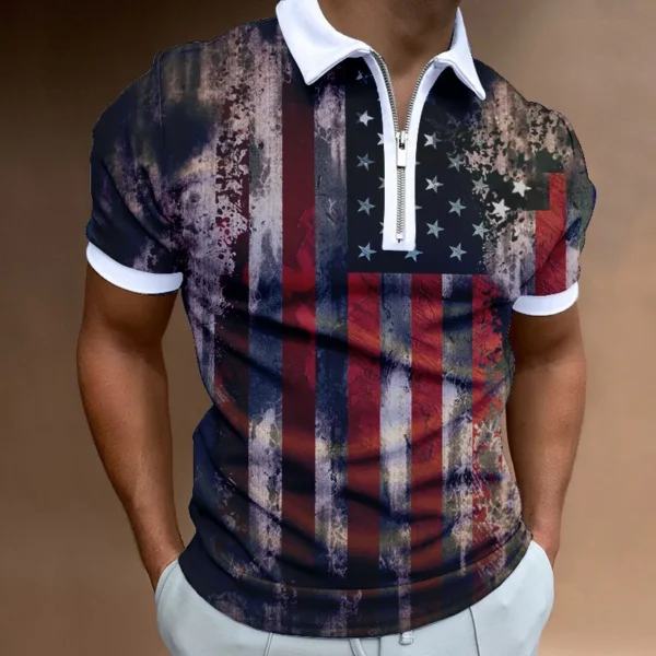 Fashion Men's Clothes Polo Shirts Street American Flag Print Casual Short Sleeve Tee Shirt Men Turn-Down Collar Zipper Polo Tops - Image 3