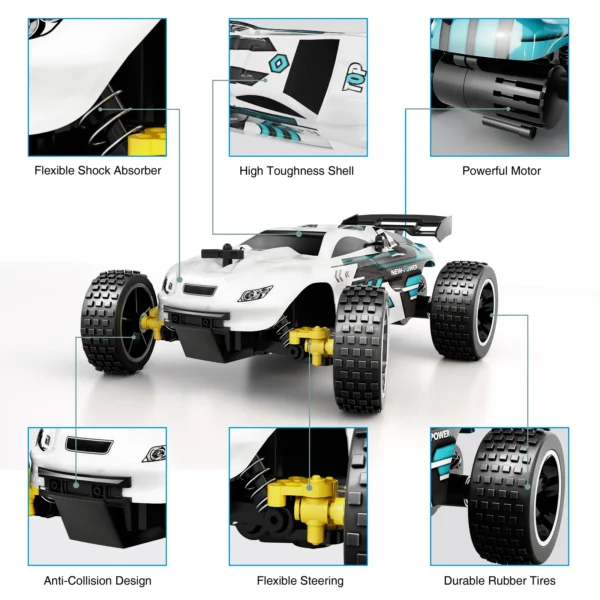 White RC car with black tires and blue accents.