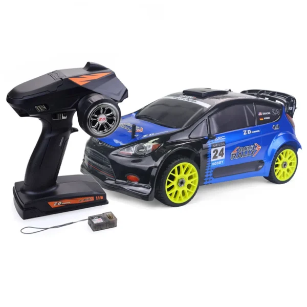 Remote controlled rally car with controller.