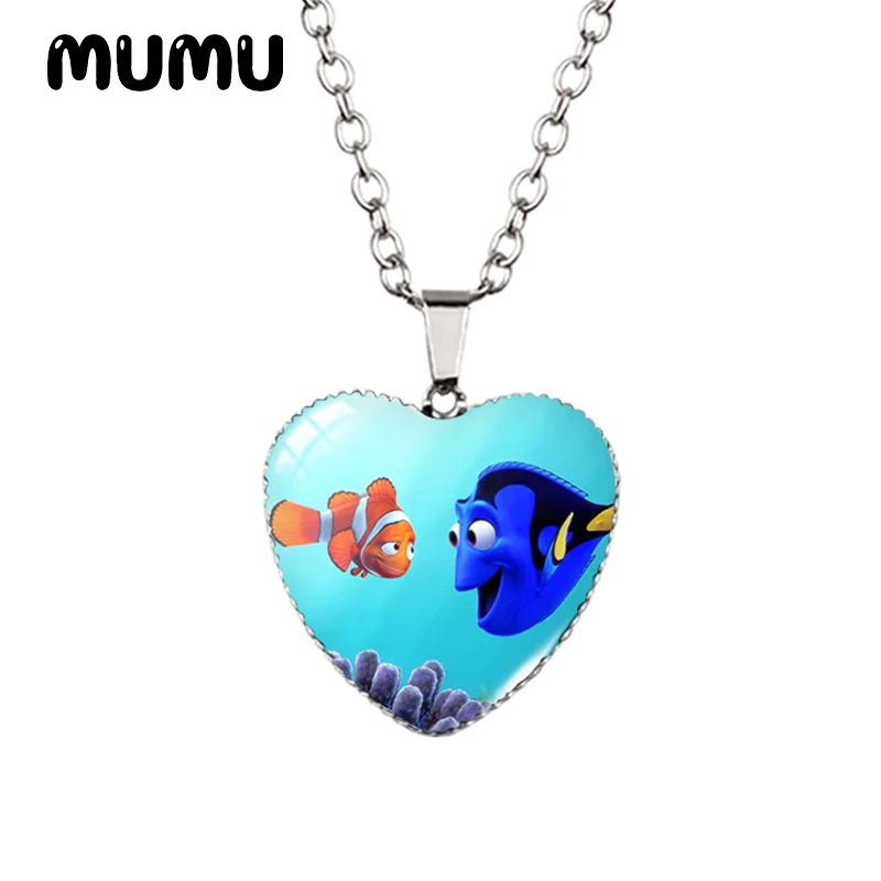 Silver heart necklace with Dory and Marlin.