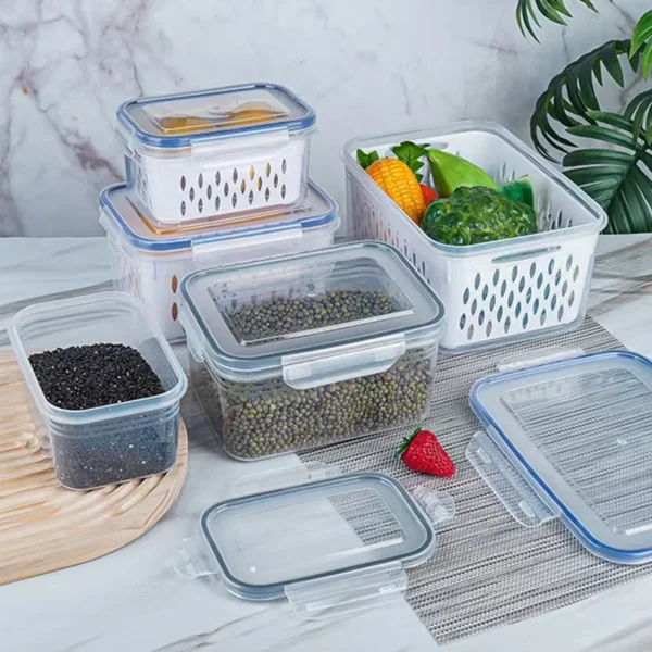 Set of clear plastic food storage containers.