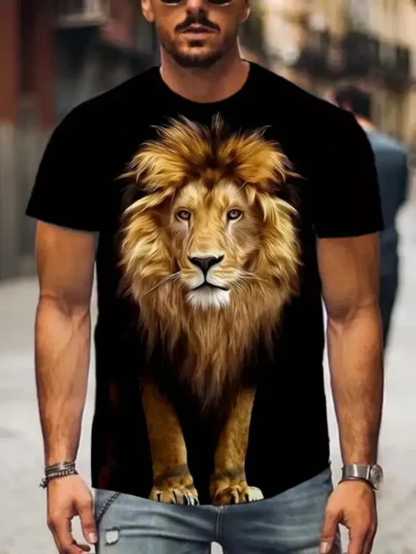 Men's Summer Fashion Casual 3D Printing Lion Pattern Trend Street Polyester Round Neck Short Sleeve T-shirt