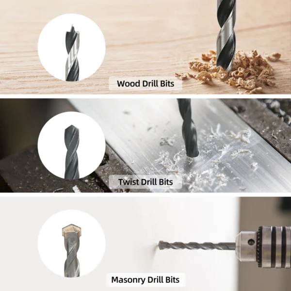 Three types of drill bits: wood, twist, masonry.