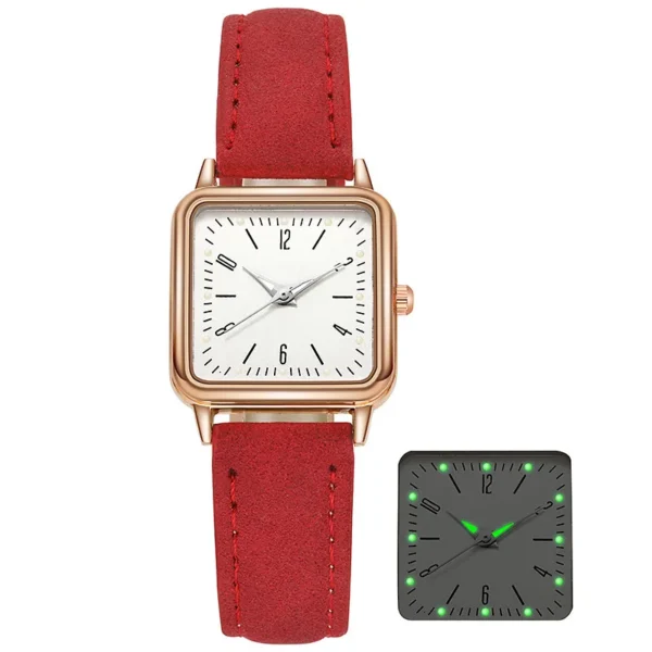 Red leather square analog wristwatch.