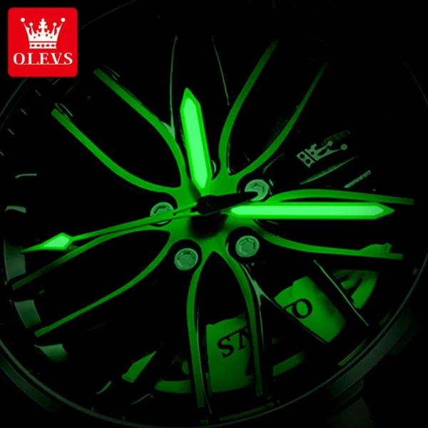 Green glowing watch face with black rim.