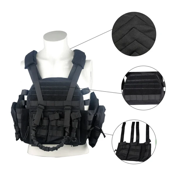 Black tactical vest with pouches and straps.