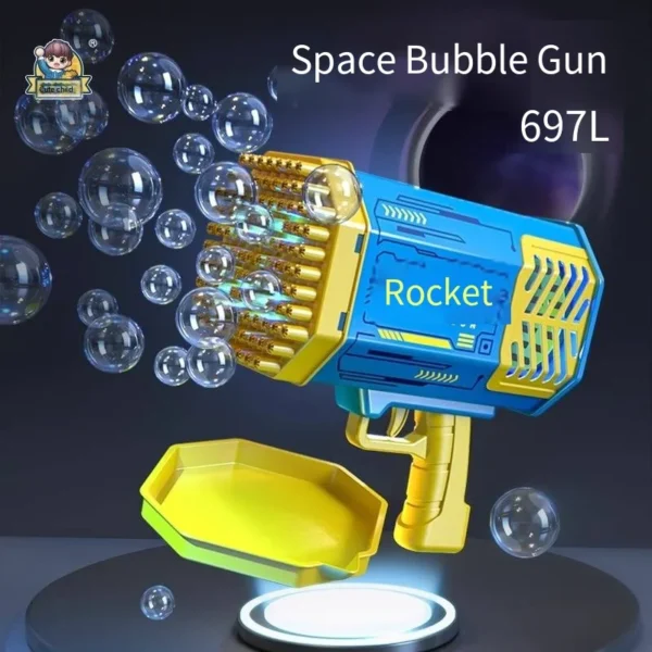 Blue and yellow bubble gun with bubbles.