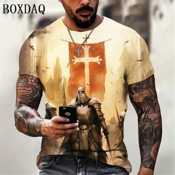 Vintage Men's T-Shirts Short Sleeve 3d Crusader Printed Loose Oversized T Shirt Street Casual Top Tees High Quality Men Clothing - Image 6