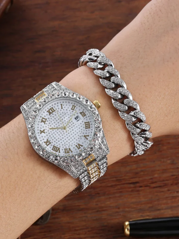 Diamond encrusted watch and chain on wrist.