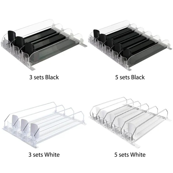 Clear plastic storage shelf sets in black and white.