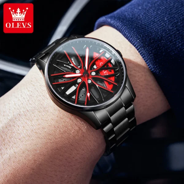 Black and red watch with wheel face.