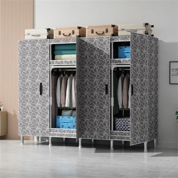 Grey patterned wardrobe with hanging clothes.