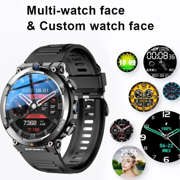 Black smartwatch with multiple watch faces.