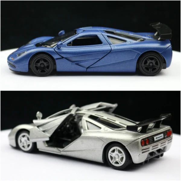 Two blue and silver McLaren F1 model cars.