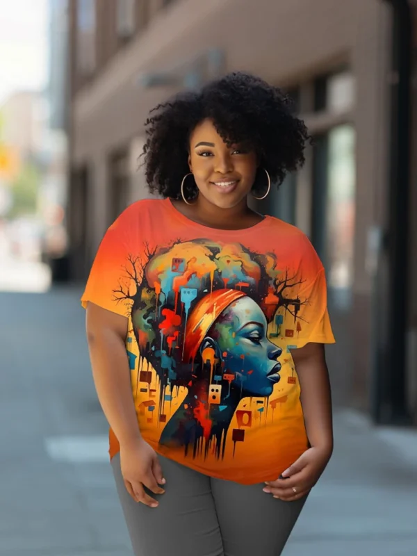 L-9XL Women's Plus Size Bust 202cm Round Neck Cartoon Black Girl Print Retro Hip Hop Trendy Short Sleeve T-shirt Top - Image 4