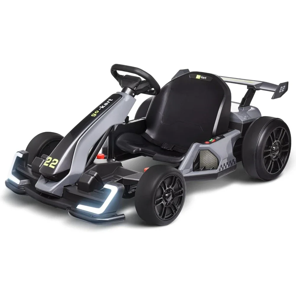 Gray electric go-kart with black wheels.