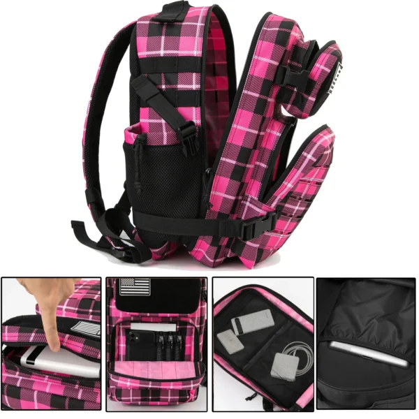 Pink and black plaid backpack with pockets.