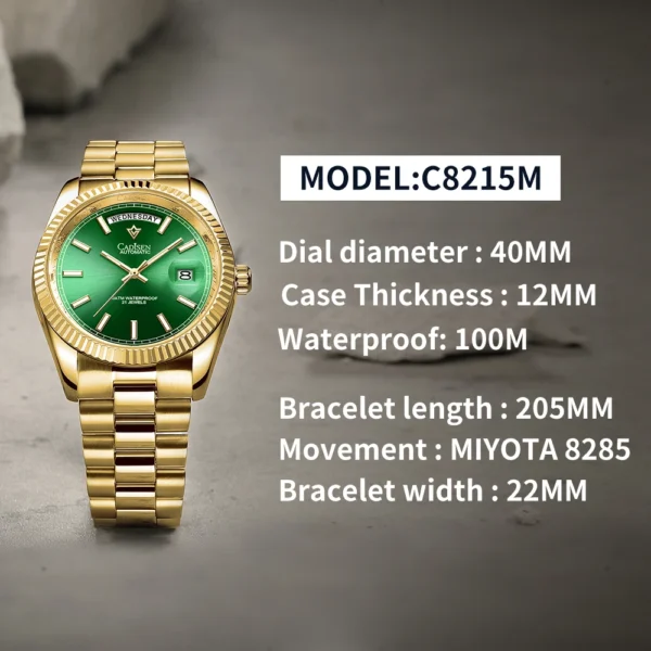 Gold wristwatch with green face and gold band.