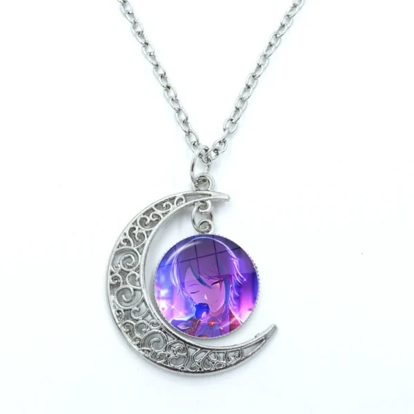 Silver crescent moon necklace with anime character.