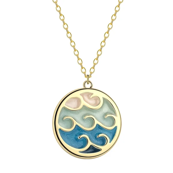 Gold necklace with blue wave pendant.