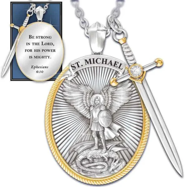 Silver St. Michael pendant with sword and dragon.