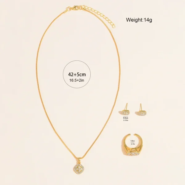 Gold necklace, ring, and earrings set.