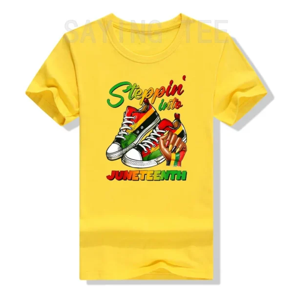 Stepping Into Juneteenth Afro Woman Black Girls Sneakers Men T-Shirt Black Pride June 19th 1865 Clothes Humor Funny Graphic Tees - Image 6