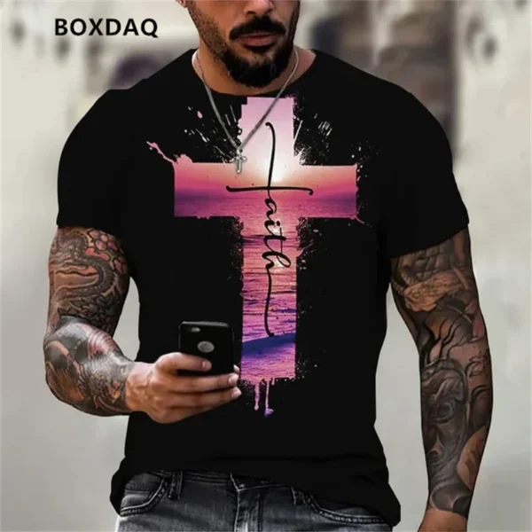 Summer Men's T-Shirts God Religion Christ Jesus Cross 3D Print Hip Hop Male Tee Loose Short Sleeve Streetwear Oversized Tops - Image 5