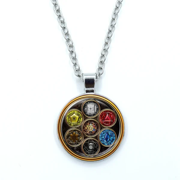 Silver chain with round pendant of symbols.