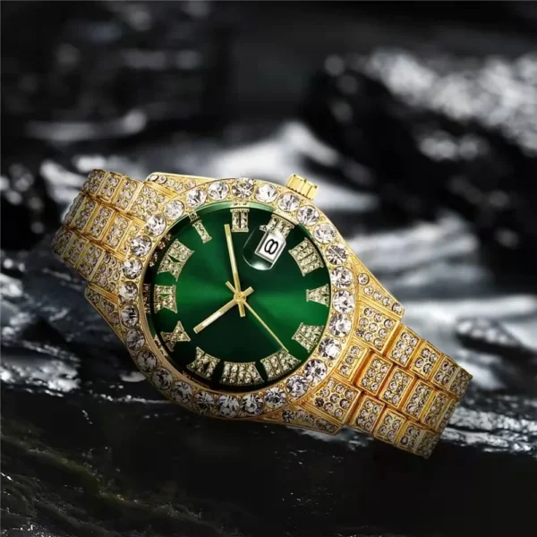 Gold watch with green face and diamonds.