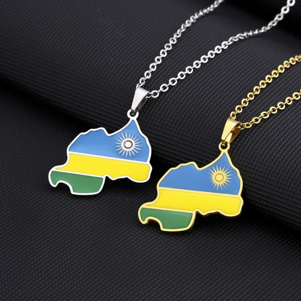 Two Rwandan flag necklaces on black background.