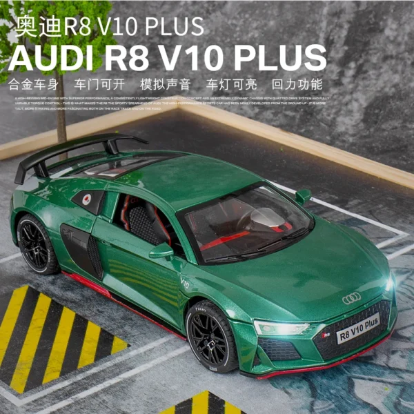 1:24 AUDI R8 V10 Plus Sports Car Alloy Model Metal Toy Car Diecast Simulation Sound & Light Collection Toys For Boys Gifts A405