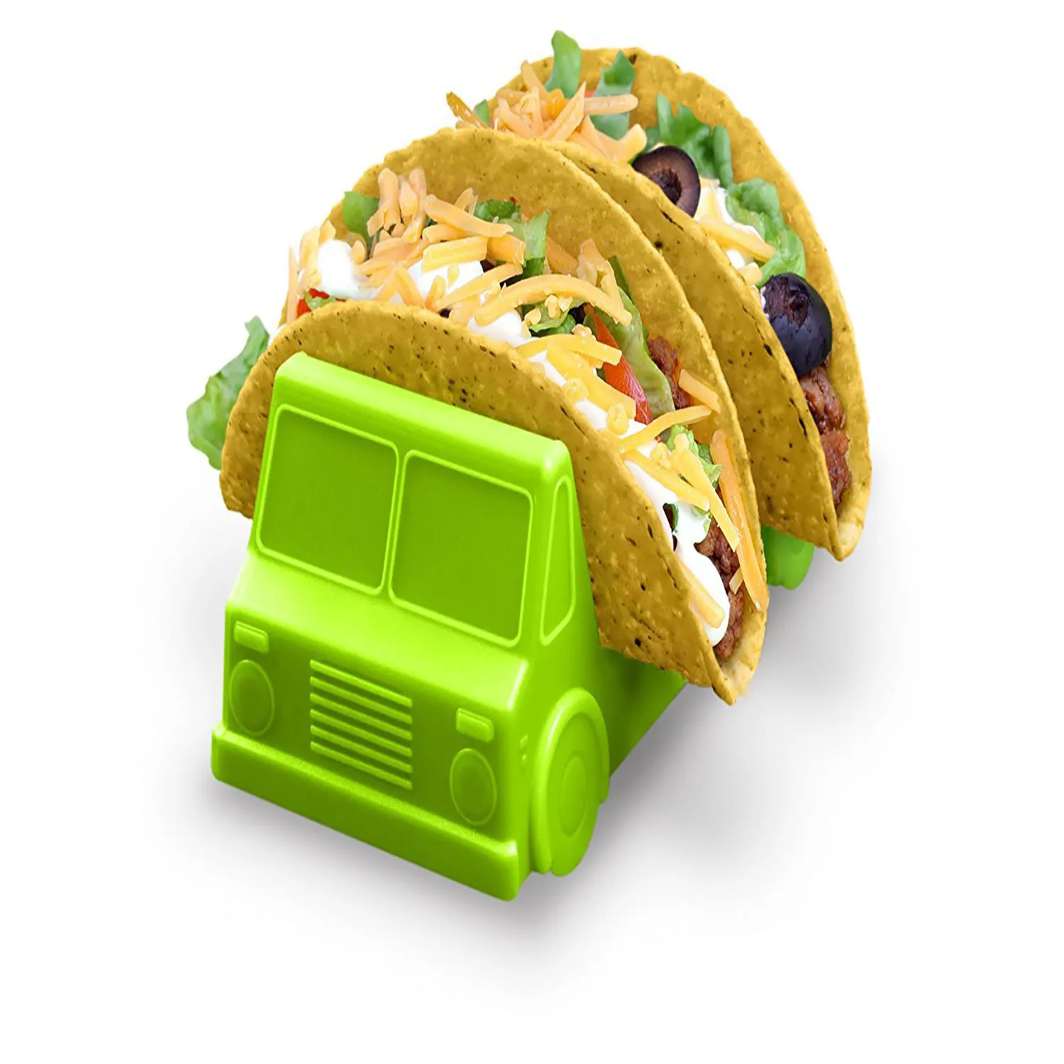 Green taco truck holder with three tacos.