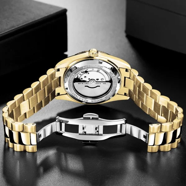 Gold watch with automatic movement and water resistant.