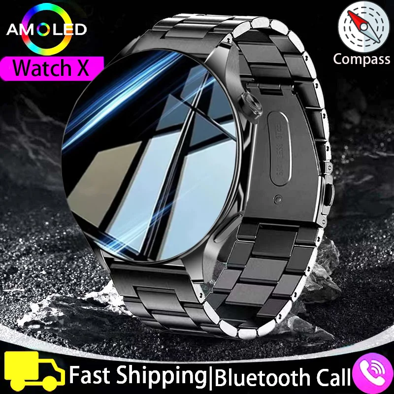 Black smart watch with metal band.