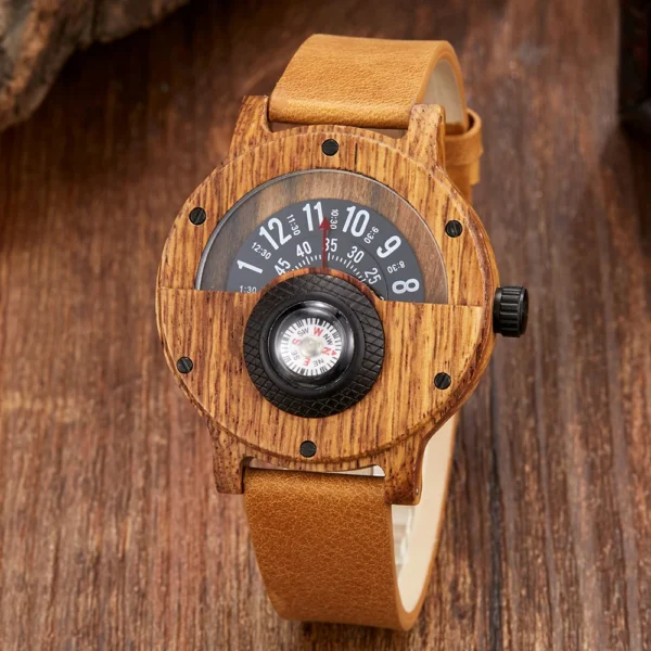 Wooden wristwatch with compass face