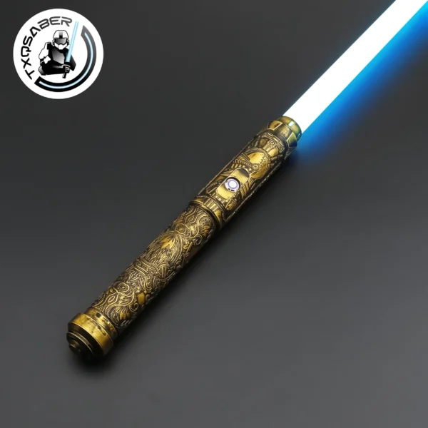 Gold lightsaber with blue blade on gray background.