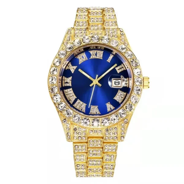 Gold watch with blue face and diamonds.