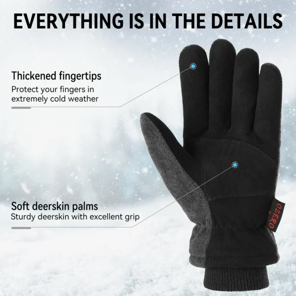 Black winter gloves with deer skin palms.