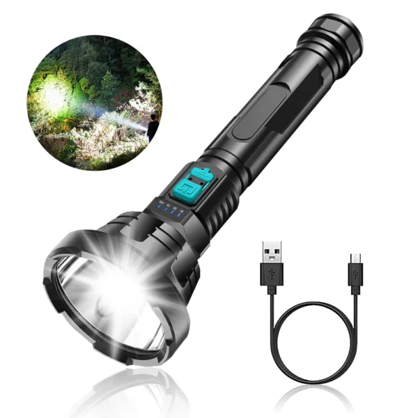 Rechargeable LED flashlight with USB cable.