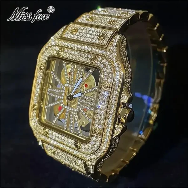 Gold diamond wristwatch with Roman numerals.