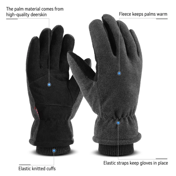 Black fleece-lined gloves with elastic cuffs.