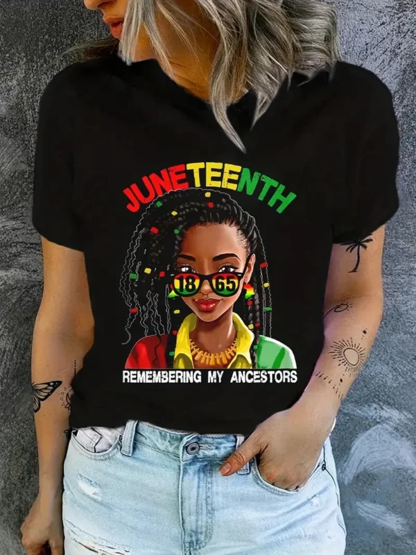 Juneteenth 1865 Print T-Shirt, Crew Neck Short Sleeve T-Shirt, Casual Every Day Tops, Women's Clothing