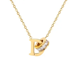 Gold necklace with letter D pendant and diamonds.