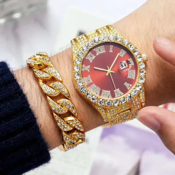 Gold watch and bracelet with diamonds.