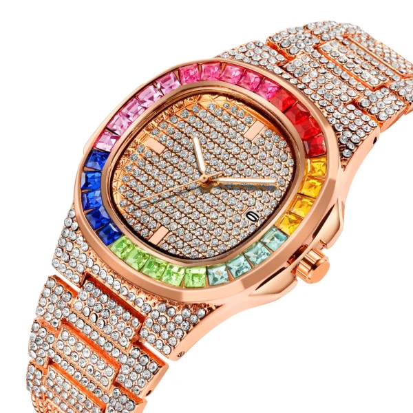 Rose gold watch with rainbow jewels.