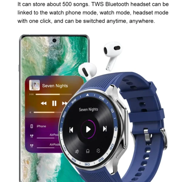 Smartwatch with blue band playing music.