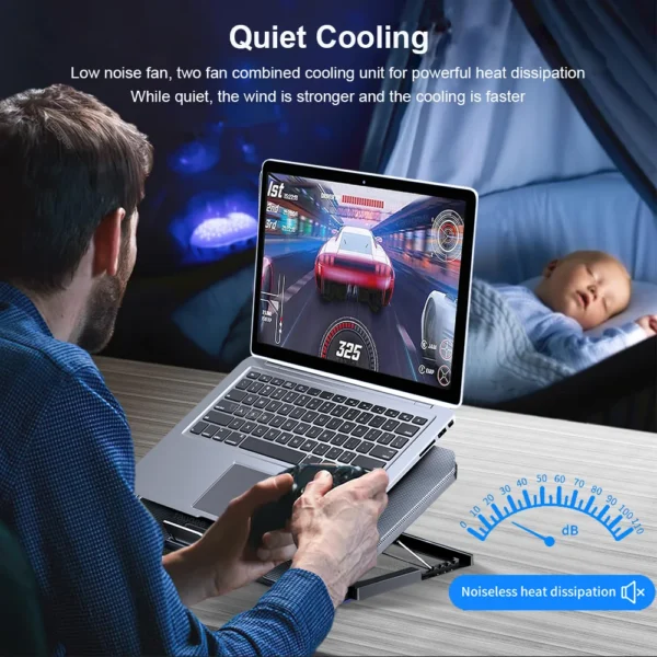 Man gaming on laptop with quiet cooling fan.