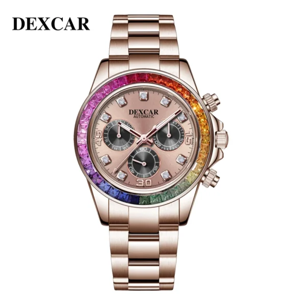 Rose gold chronograph watch with rainbow gems.